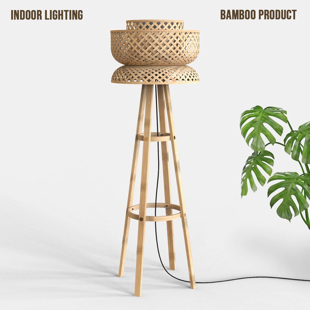 Bamboo Tripod Floor Lamp with Woven Shade, 120 cm, Brown