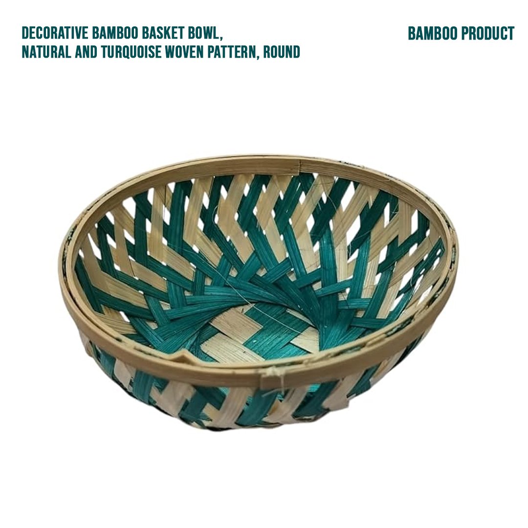  Decorative Bamboo Basket Bowl, Natural and Turquoise Woven Pattern, Round