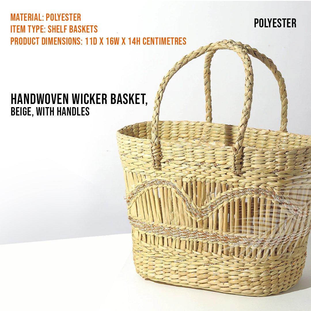 Handwoven Wicker Basket, Beige, with Handles 