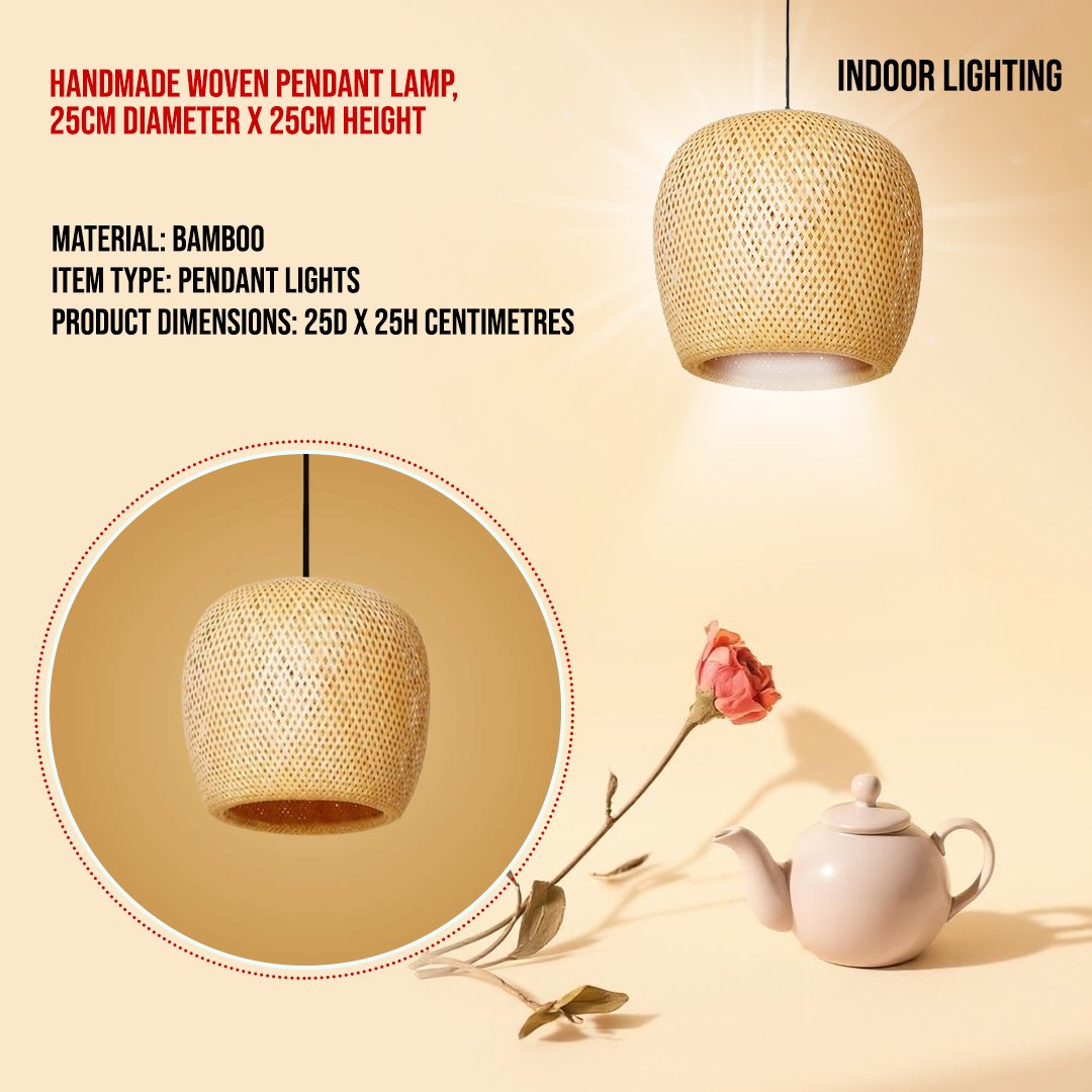  Handmade Woven Pendant Lamp, 25cm Diameter x 25cm Height 