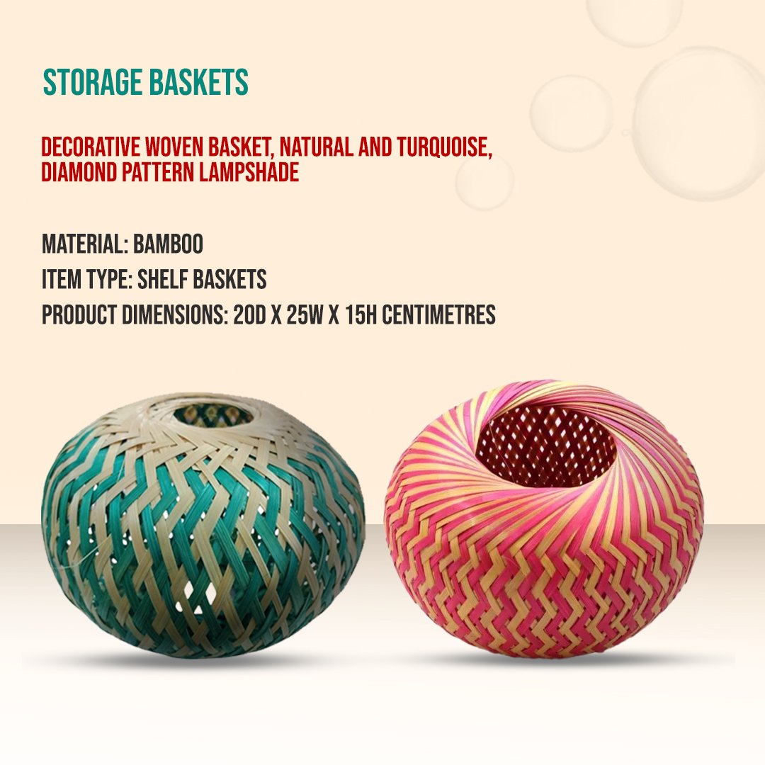  Decorative Woven Basket, Natural and Turquoise, Diamond Pattern Lampshade