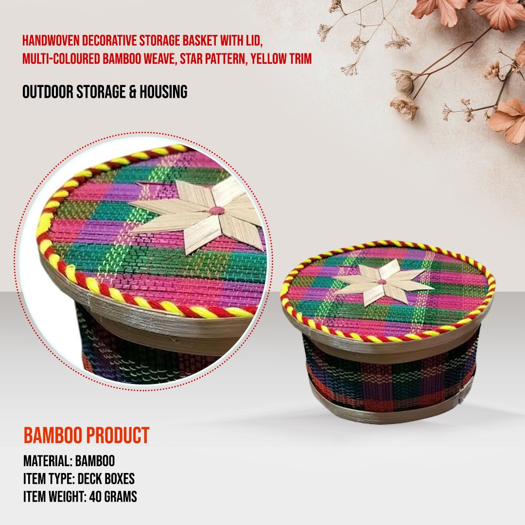 Handwoven Decorative Storage Basket with Lid, Multi-coloured Bamboo Weave, Star Pattern, Yellow Trim 