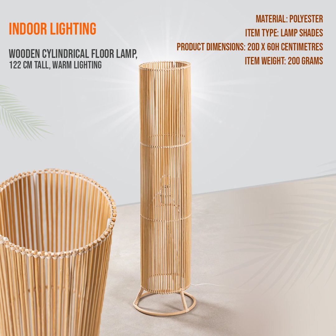 Wooden Cylindrical Floor Lamp, 122 cm Tall, Warm Lighting