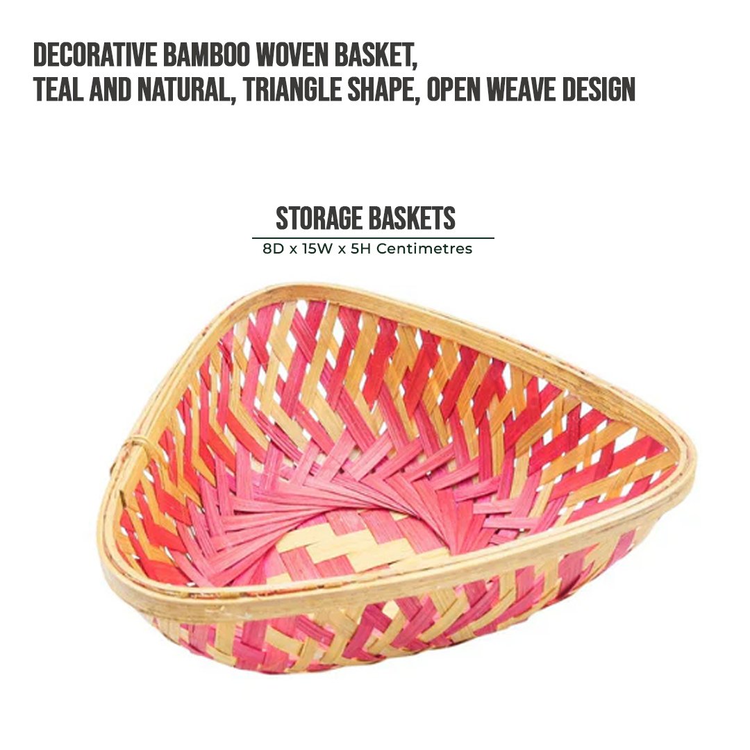 Decorative Bamboo Woven Basket, Teal and Natural, Triangle Shape, Open Weave 