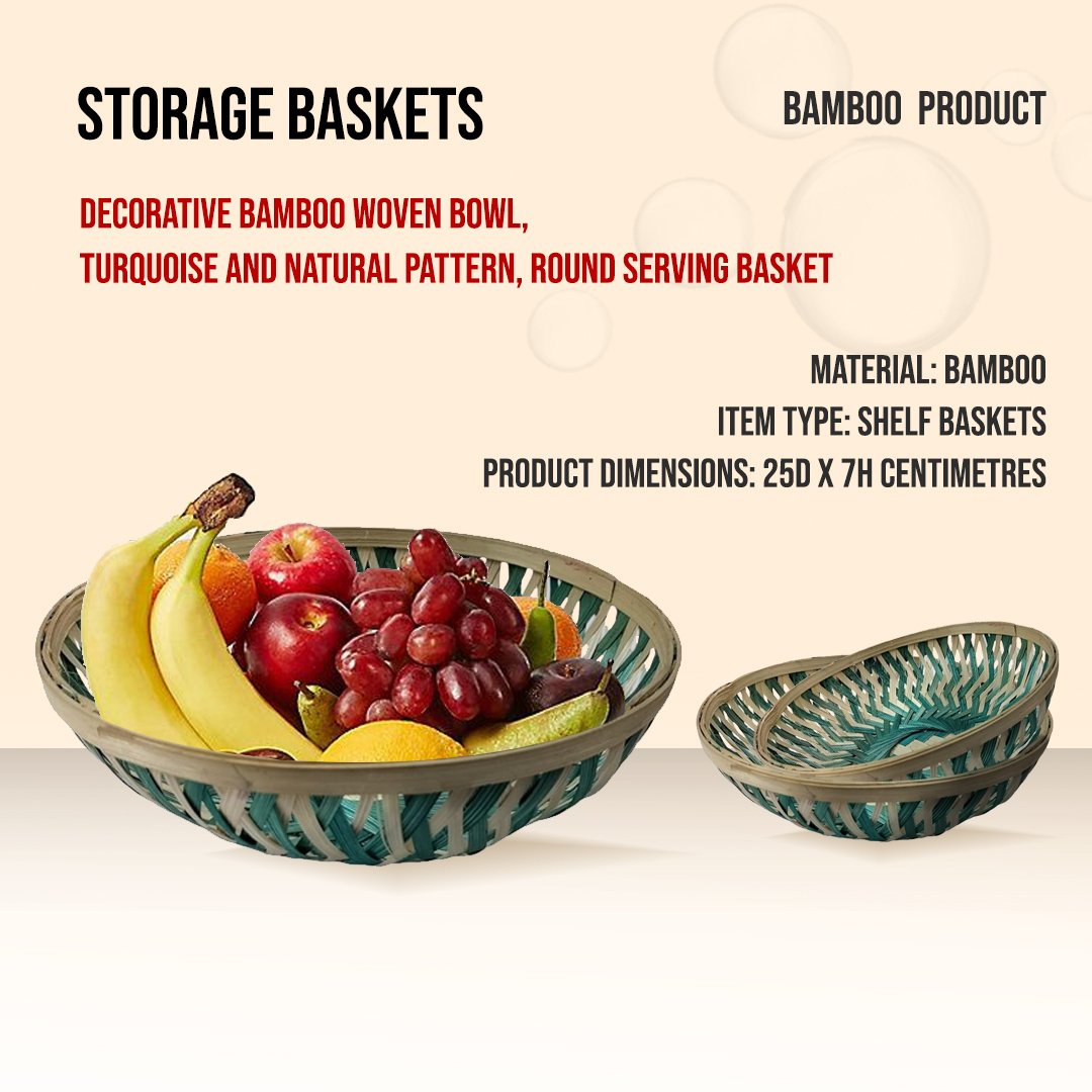 Decorative Bamboo Woven Bowl, Turquoise and Natural Pattern, Round Serving Basket 