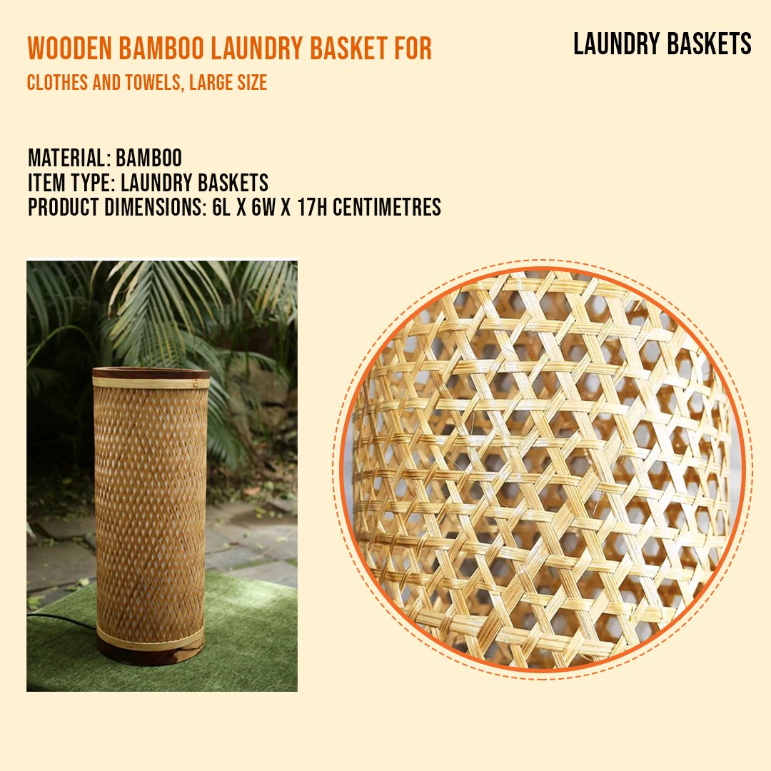 Wooden Bamboo Laundry Basket for Clothes and Towels, Large Size