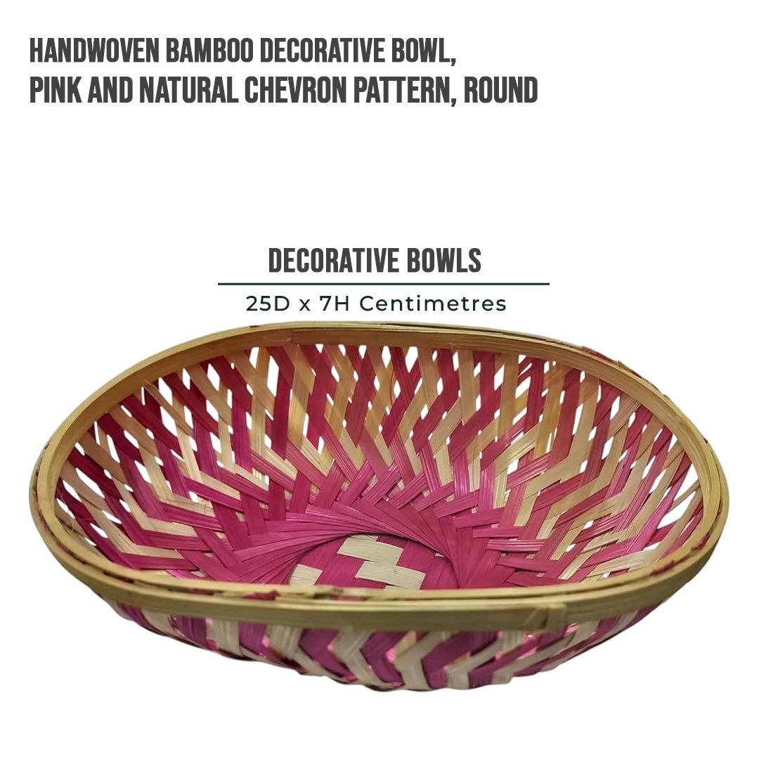 Handwoven Bamboo Decorative Bowl, Pink and Natural Chevron Pattern, Round