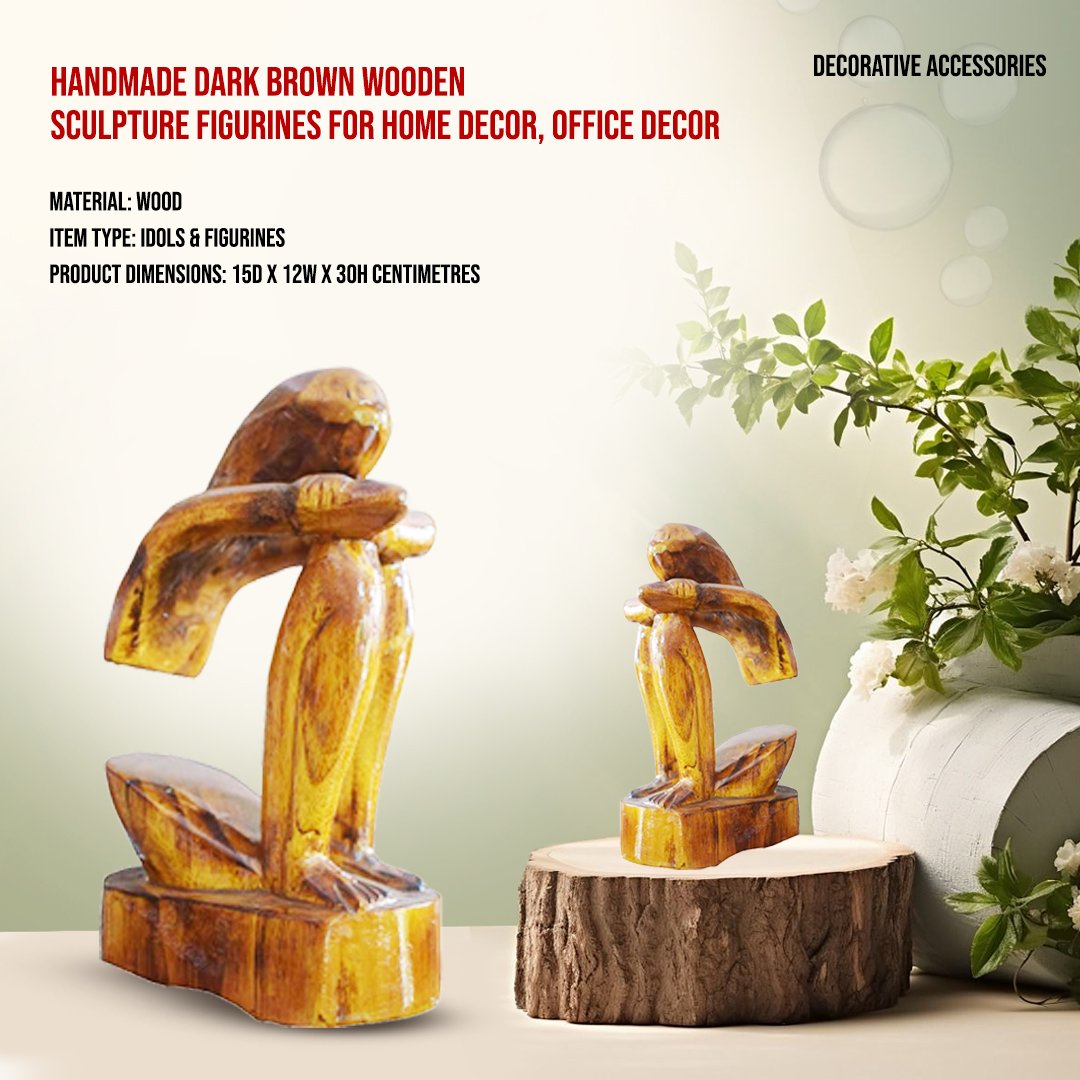  Handmade Dark Brown Wooden Sculpture Figurines for Home Decor, Office Decor