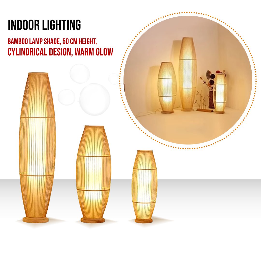 Bamboo Lamp Shade, 50 cm Height, Cylindrical Design, Warm Glow