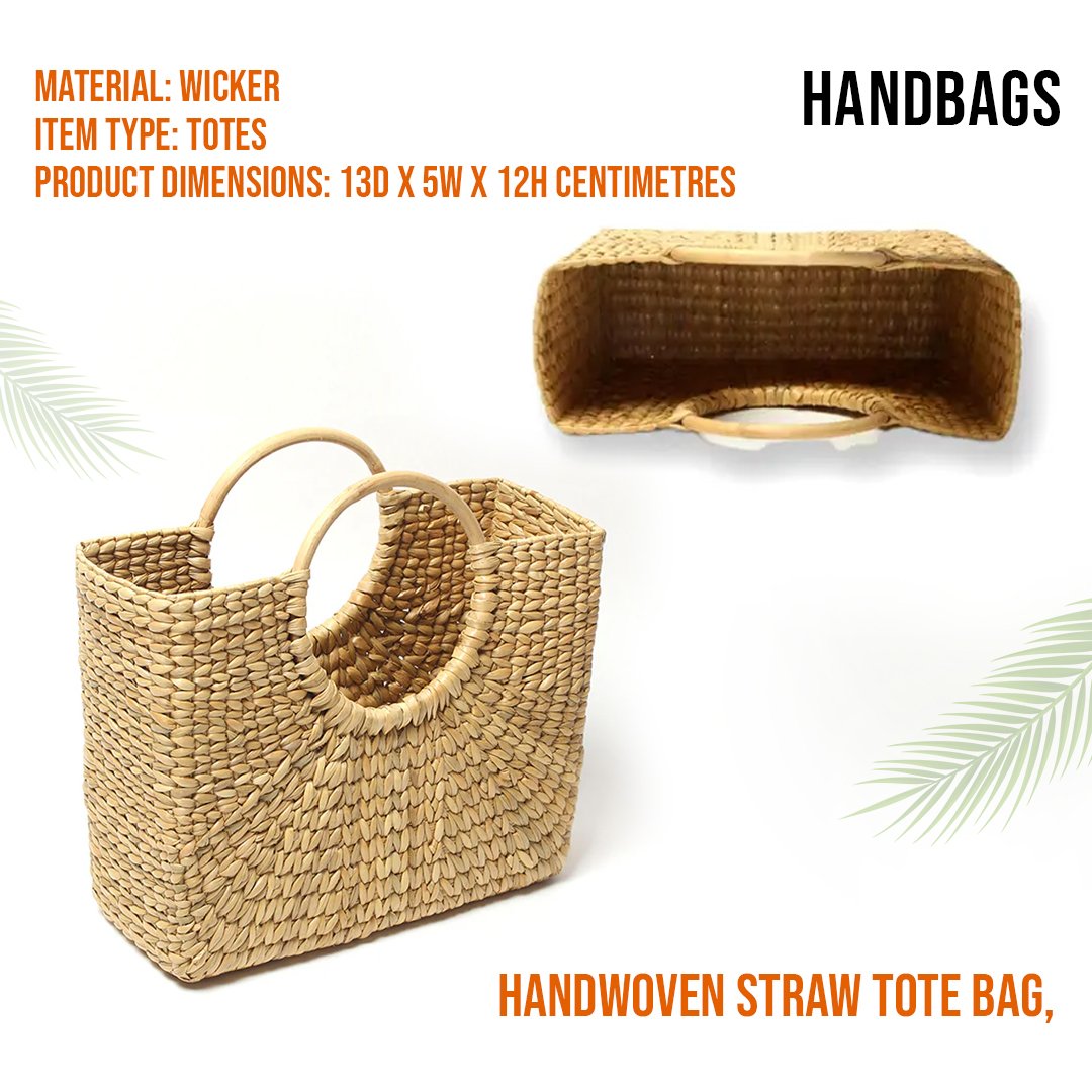 Handwoven Straw Tote Bag, 35 cm x 25 cm x 15 cm